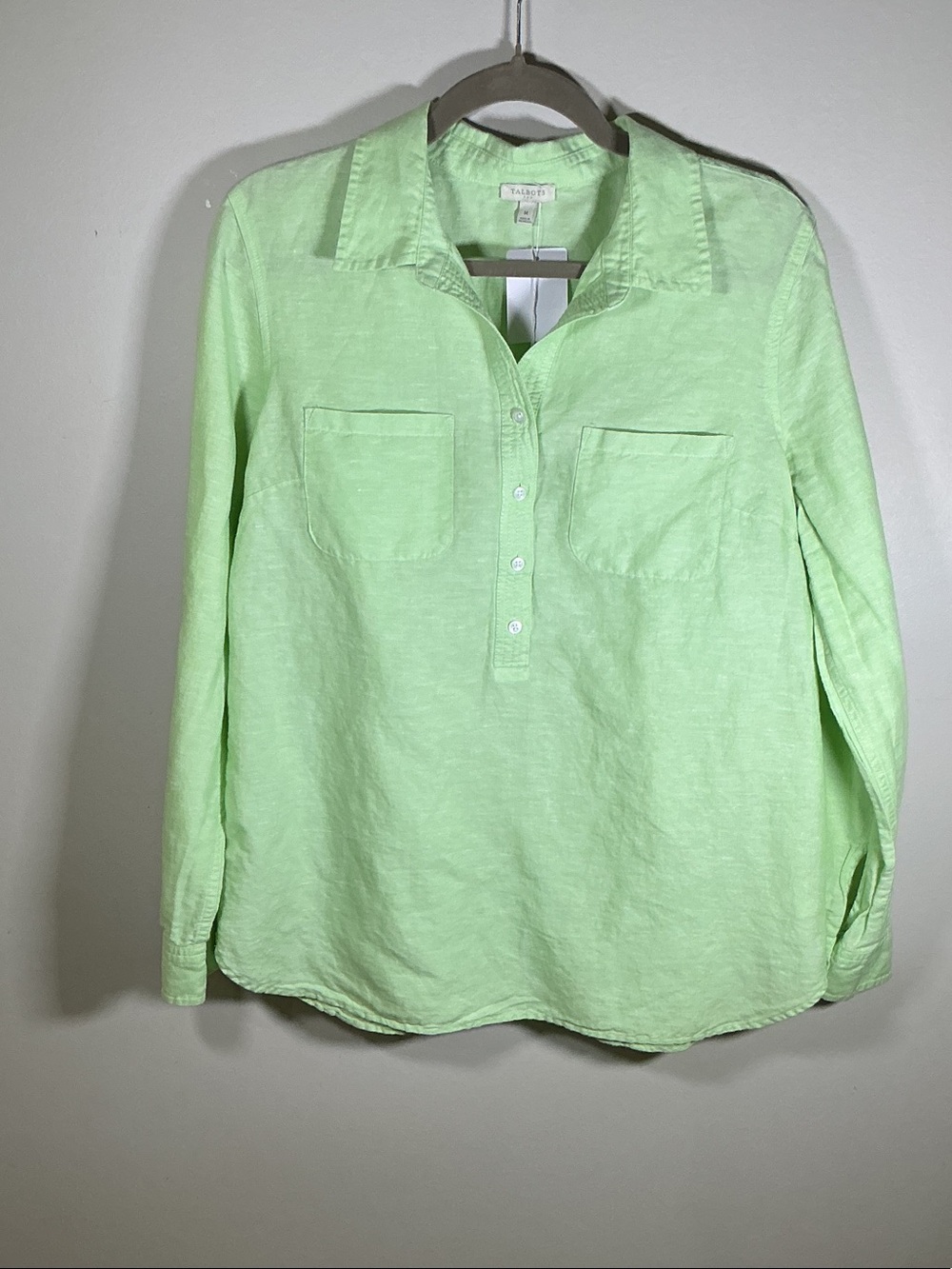 Talbots Mint Green 100% Linen Popover Blouse Medium EUC